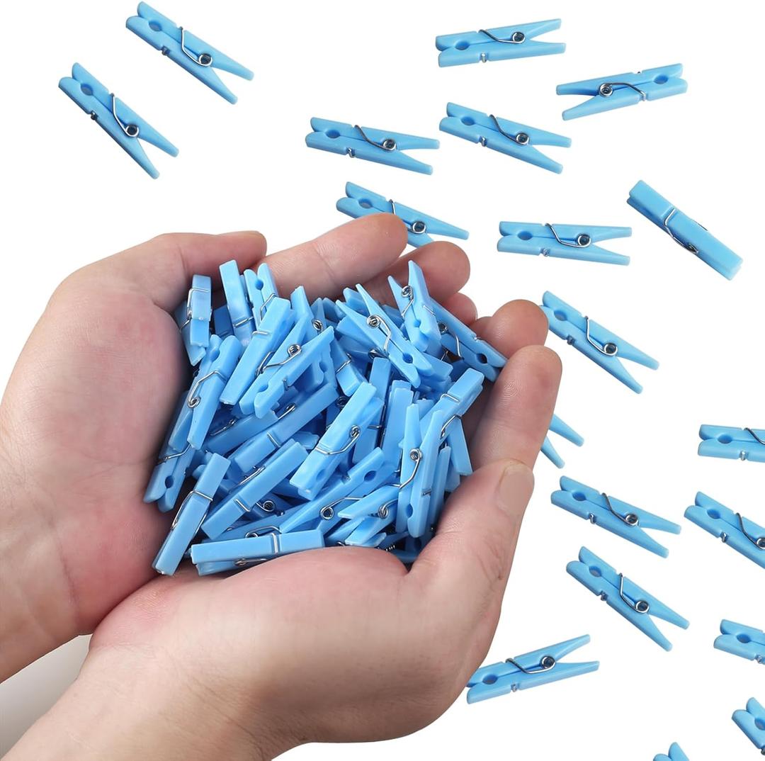 100PCS Blue Plastic Clothes Pins for Boy Baby Shower Games, DIY Crafts, Photos - 1.35 Inch Small Mini Pins, Tiny Clips for Laundry & Picture Displays Gender Reveal Party Decorations