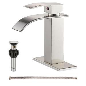 Waterfall Single Handle Bathroom Vanity Sink Faucet with Metal Pop-up Drain, Brushed Nickel Finish