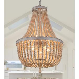 Q&S Farmhouse Wood Beaded Chandelier,Oak White 8-Lights Retro Vintage Antique Rustic Boho Pendant Light Fixture for Foyer Living Room Bedroom Kitchen Dining Room Office Nursery UL Listed