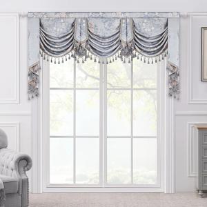 Loom and Mill Luxury Jacquard Waterfall Valance for Living Room Bedroom, Elegant European Floral Swag Window Valances with Tassels, Blue Grey Swag Curtains for Banquet Holiday Decor(W79Inch,1 Panel)