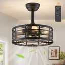 Fanbulous 16in Caged Ceiling Fans with Lights and Remote, Black Fandelier Ceiling Fan with 6 Speeds and Timing, Farmhouse Samll Fan Lights Ceiling Fixtures For Kitchen, Bedroom, Outdoor-Black