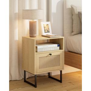 Rattan Nightstand, Boho Night Stand Farmhouse Wood Bedside Table with Storage and Open Shelf, End Side Accent Table for Bedroom, Living Room, Oak, Normal Rattan Nightstand, Boho Night Stand Farmhouse Wood Bedside Table with Storage and Open Shelf, End Side Accent Table for Bedroom, Living Room, Oak, Normal
