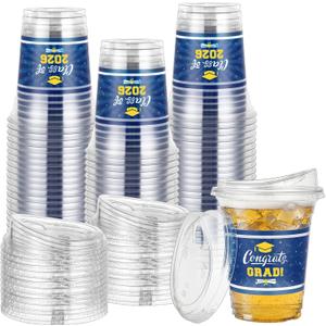 Bokon 100 Pcs 2026 Blue Graduation Plastic Cups Bulk with Strawless Sip Lids 12oz Disposable Congrats Grad Cup Drinkware Class of 2026 Celebration for College Tableware Party Supplies Decorations, about 12 oz