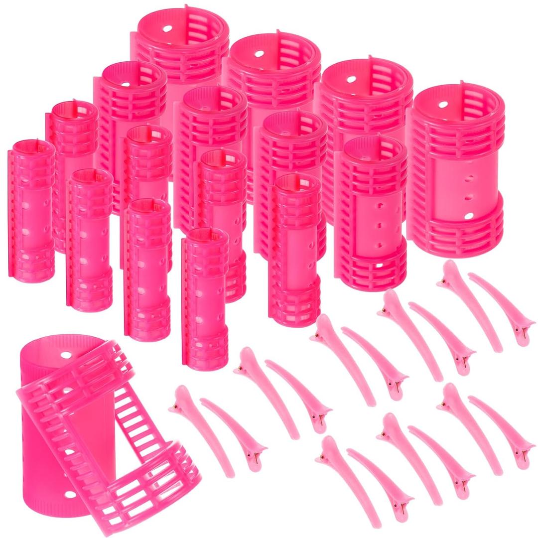 WILLBOND 65 Pieces Rollers Plastic Rollers Hair Curlers Set 4 Sizes for Long Medium Short Hair, Duck Clips Hairnet Hairdressing Styling Tool(Pink)