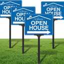 4 Pack Open House Signs for Real Estate Double-Sided Aluminum Yard Signs 15.7" x11.8" with Adjustable 32" Plastic Stakes UV Ink Outdoor Metal Yard Directional Arrows Agent Supplies(Blue)