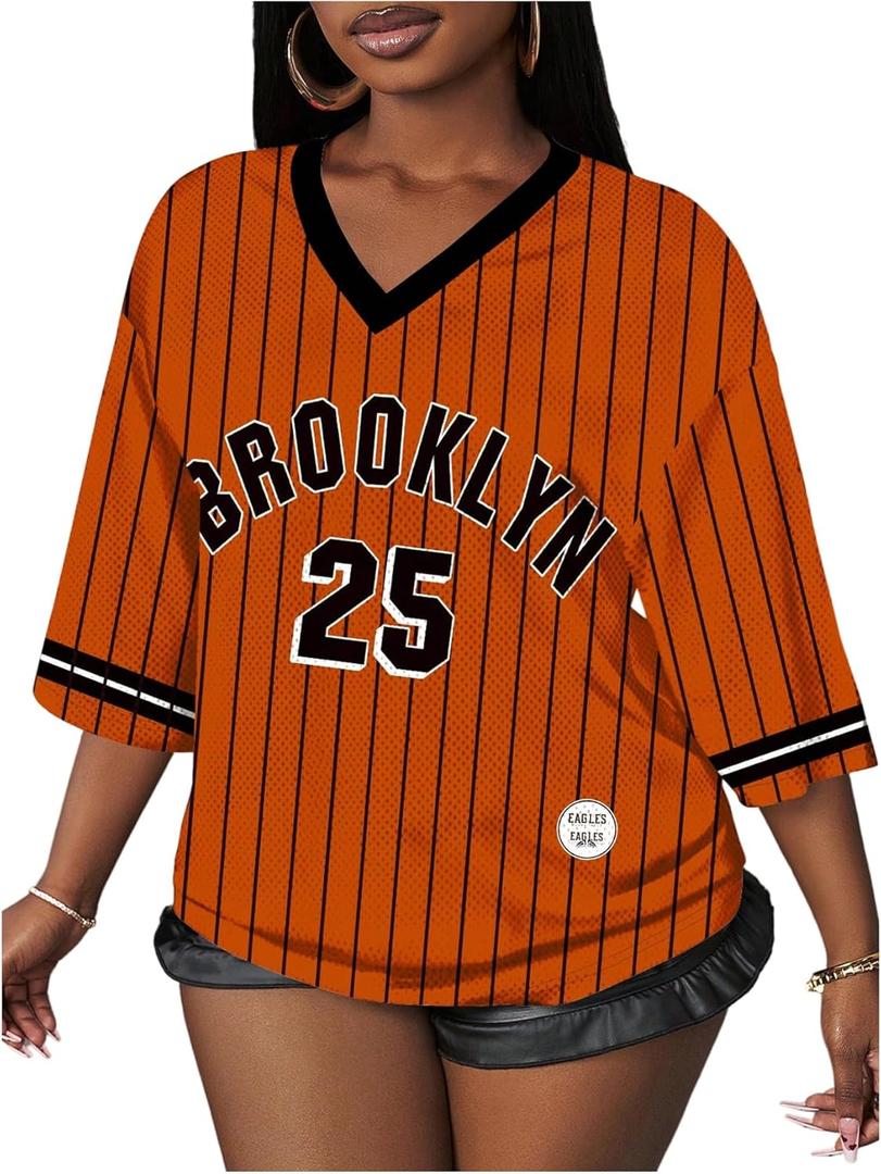 Women's Mesh Oversized Jersey Shirts Y2K Number Striped Half Sleeve Basketball Football Jersey (M)