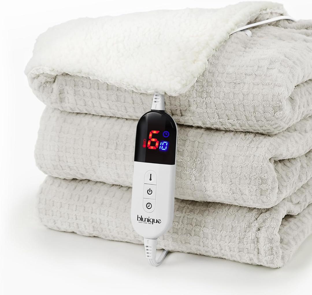 Blunique Heated Blanket Electric Blanket Queen Waffle, 84x90 Inches Dual Controllers Sherpa Fleece Fast Heating Blanket 6 Heating Levels & 10 Hours Auto Off ETL Certification, Beige Queen