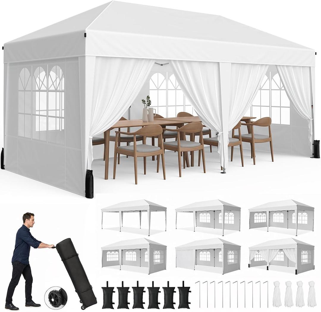 Driftalia 10x20 Pop up Canopy Tent with 6 Sidewalls, Outdoor Canopy with Windows & Roller Bag, Party Tent for Commercial Events, Weddings, Camping - White