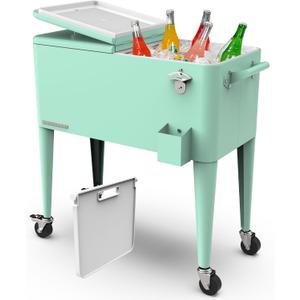 Permasteel Party Cooler with Divider, Spacious 80-Qt Capacity, Chills 36hrs, Serving Tray, Rolling Ice Chest for Indoor and Outdoor Entertainment, Matte Mint