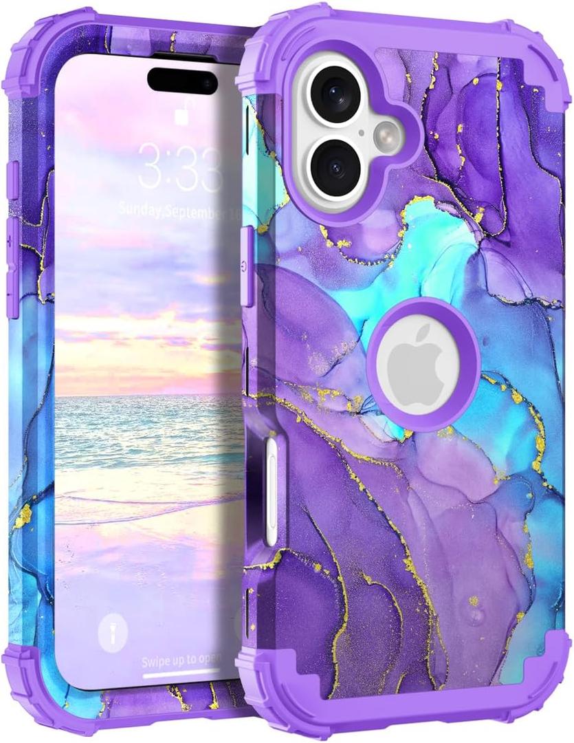 Hocase for iPhone 16 Plus Case 6.7", Heavy Duty Shockproof Protection Soft Silicone Rubber+Hard Plastic Bumpers Hybrid Protective Case for iPhone 16 Plus 2024 - When Purple Meets Blue