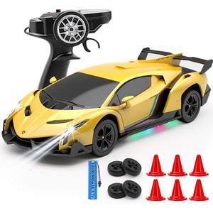 QUN XING Remote Control Car 1:24 Officially Licensed Lambo veneno RC Drift Car with LED Lights 2.4GHz 4WD 15KM/H Fast Speed Control Rechargeable Battery 800mah Birthday for Kids Boys 8-12,Yellow