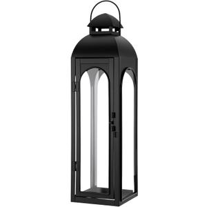 Nuogo 1 Pack 20 Inch Large Black Metal Decorative Lanterns Luxury Hurricane Modern Candle Lanterns with Clear Glass Panels for Porch Outdoor Garden Wall Hanging Patio Wedding Party Table Decoration