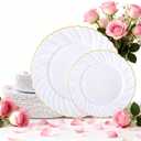 U-QE 60 Pcs White Plastic Plates with Gold Rim  Fancy Scalloped Plates Disposable - Premium Hard Plastic Plates Include 30 10" Dinner & 30 7" Dessert Plate for Party & Valentines Day