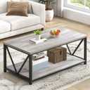FOLUBAN Modern Coffee Table, Rustic Wood and Metal Center Table with Storage Shelf, Industrial Cocktail Table for Living Room, Light Grey, 39 Inch