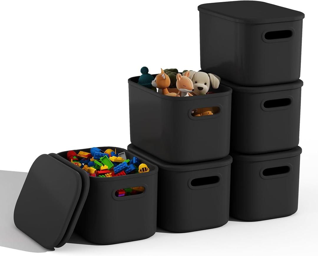 6 Pack Black Storage Bins with Lids for Shelves, Plastic Storage Containers with Lids for Organizing, Stackable Storage Boxes with Handle, Black Storage Bins for Classroom, Craft, Snacks