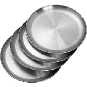 CAMBUY Stainless Steel Plates 10 inch Metal Lightweight Unbreakable Dinner Dishes Plates Set Non-Toxin Dishwasher Safe BPA Free and Healthy (4 Pcs)