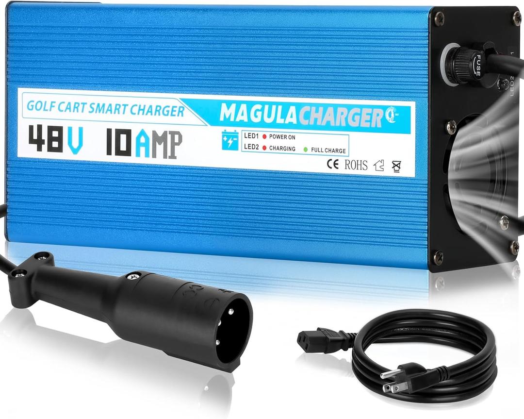 10Amp 48 Volt Golf Cart Battery Charger for Club Car DS&Precedent, Trickle Charge 6-10 Hours Full Charge,3 Pin with Round Plug Replace for Club Car Golf Cart 48 Volt Golf Cart Battery,5Lbs
