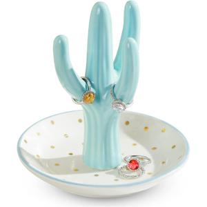 PUDDING CABIN Cactus Ring Holder, Birthday Gift for Women Her Mom Friend Female, Macaron Jewelry Dish with Dots Ins Room Decor Jewelry Dish for Rings Earrings Bracelets Necklace Organizer