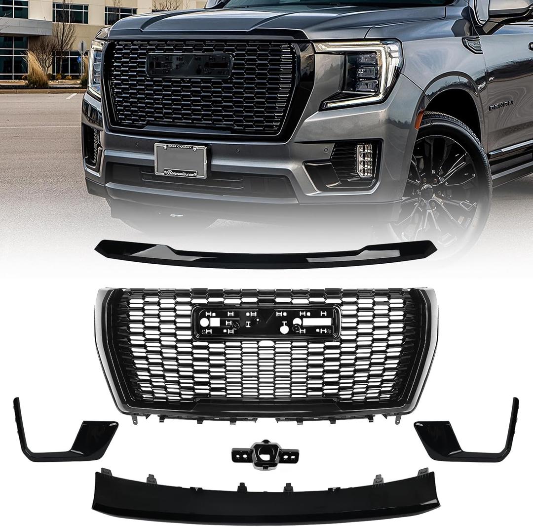 Grille Set 6pcs Compatible with GMC Yukon/Yukon XL Denali 2021 2022 2023 2024 Front Upper Grill + Lower Hood Trim Molding + Front Cover Plate + Fog Light Bezels + Camera Bracket Gloss Black
