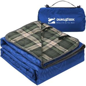 DUKUSEEK Hooded Outdoor Blanket, Waterproof Camping Blanket, Quilted, Thick Fleece, Warm, Windproof, Sand Proof, Portable and Wear-Resistant, Perfect for Stadium, Picnic, Camping (Dark-blue-blue-plaid)