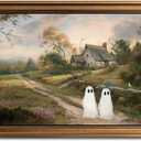 Gold Framed Vintage Halloween Wall Art, Rustic Landscape Wall Decor, Cute Ghost Decor Wall Art, Aesthetic Halloween Wall Decor (9.5''x12'')