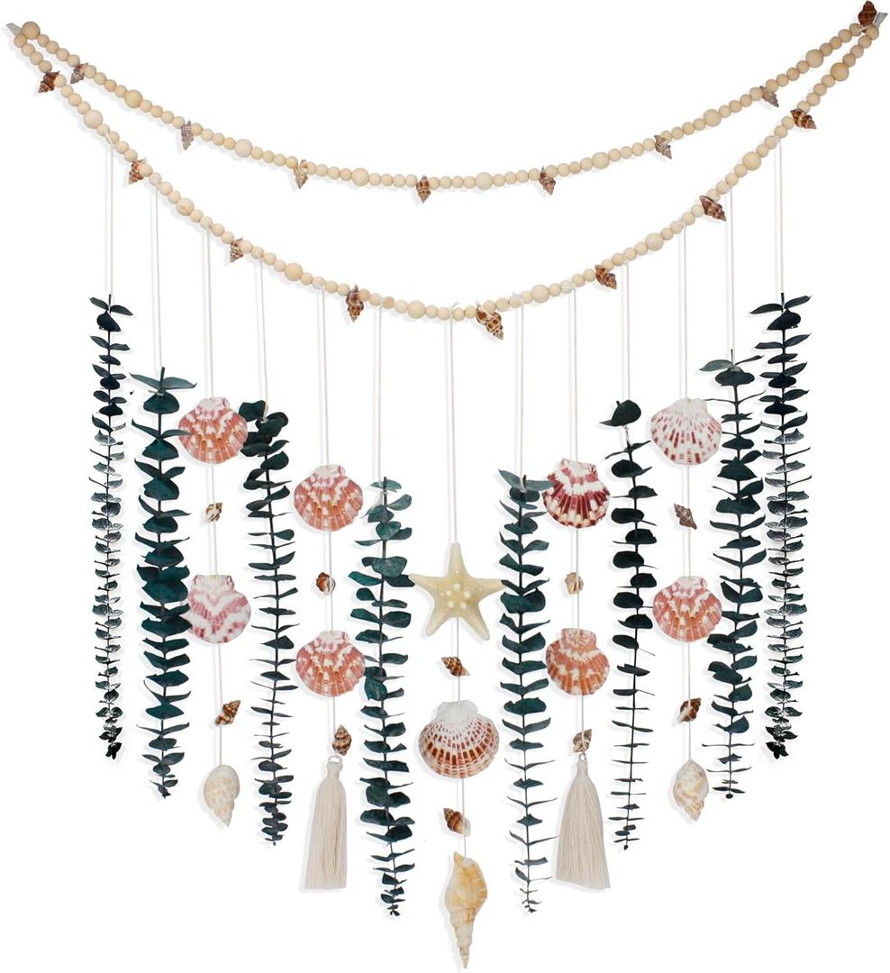 Genuine Eucalyptus Wall Decor with Natural Seashell Beach Decor Coastal Home Decorations with Fresh Eucalyptus Stems Hanging Wooden Bead Garland for Large Bedroom Bathroom Living Room 32 x 32 Inch