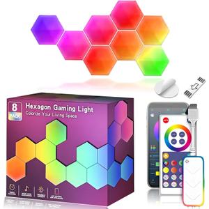 Hexagon LED Lights 8 Pack, Smart RGB Wall Decor with APP/Voice Control, Music Sync, DIY Modular Honeycomb Lights for Gaming Room, Bedroom, Home Theater Wall Decor