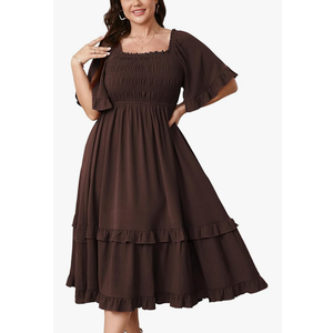 SCOMCHIC Women's Plus Size Dress Bow Front Short Sleeve Square Neck Smocked Wedding Guest Cocktail Maxi Dress Brown L