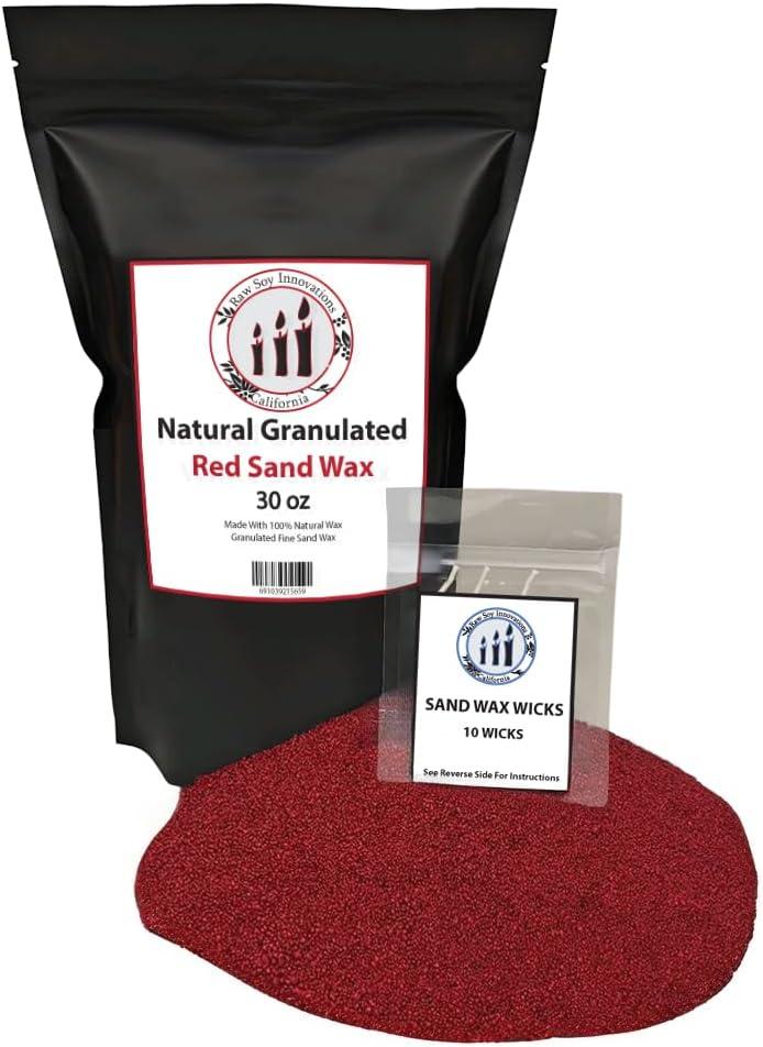 Sand Wax Natural Granulated 30 OZ'S for Candle Making Produced in The USA Ready to Pour Wicks Included (Red)