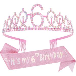 Canitor Birthday Decorations for Girls - Crown Tiara Sash Set and Headband Gift (6 Years Old)