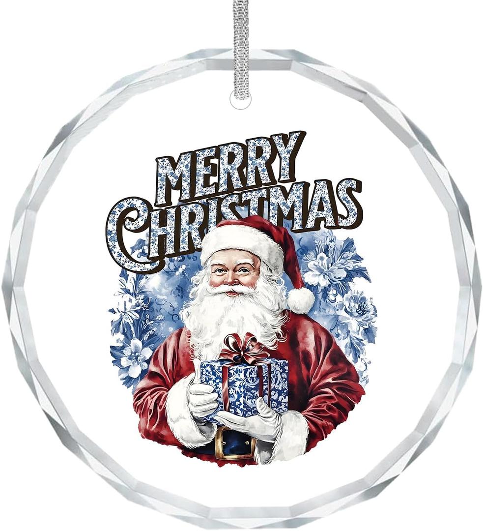 ZOFGUO Blue Chinoiserie Christmas Santa Ornament, Grandmillennial Santa Gift Box Clear Christmas Ornaments Decorations, Vintage Xmas Decorative Hanging Glass Ornament for Xmas Tree Car Holiday Decor
