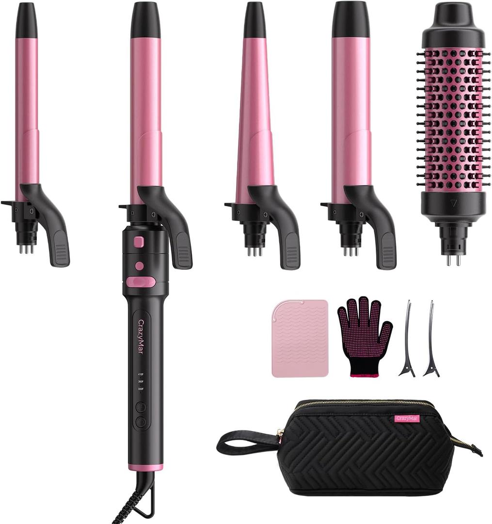 5 in 1 Automatic Rotating Curling Iron Set, CrazyMar Curling Wand Set - 5 Barrels (3/4,1,1/4 Inch) Dual Voltage Curling Wand for Professional Hair Styling, Travel, Ceramic Coating(Hot Pink)