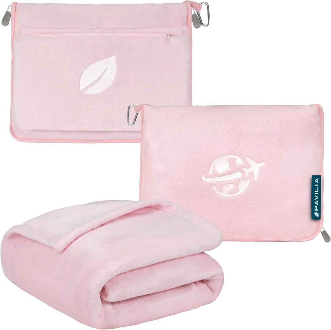 PAVILIA Travel Blanket and Pillow, Arms Opening Airplane Blankets for Adults, Compact Plane Blanket with Arm Hole 2-in-1 Bag for Flight Car Camping Fit in Luggage Backpack Traveler Gift, Pink (65 x 40 inches)