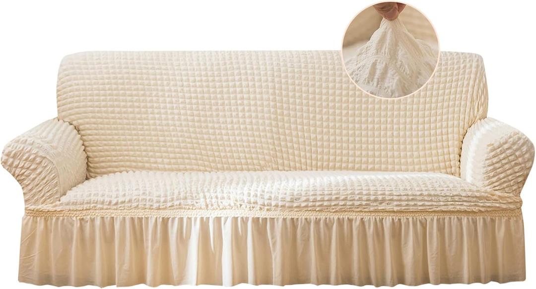 Jeloris Stretch Loveseat Slipcover Easy Fitted Sofa Couch Cover with Skirt, Durable Washable Universal High Elastic Furniture Protector for Kids, Pets (Medium, Off-White)