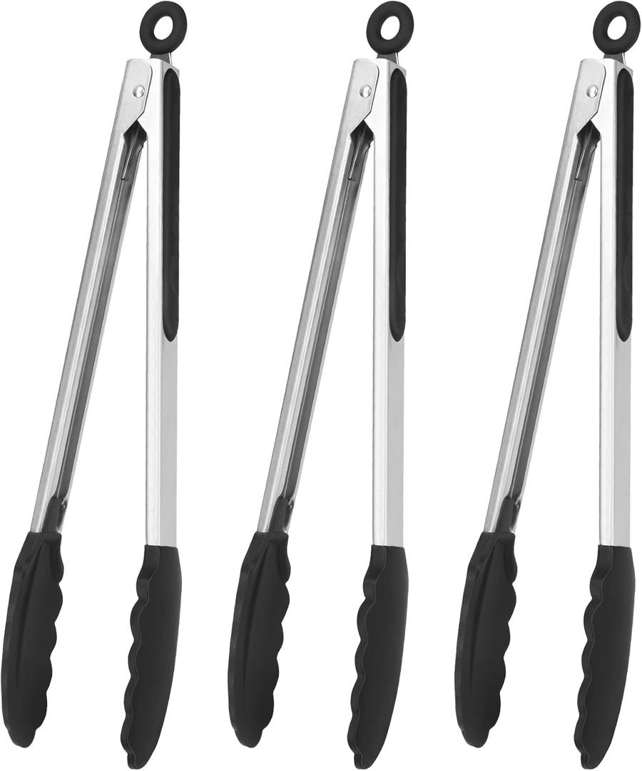 Serving Tongs Kitchen Tongs - Heat Resistant, Premium Stainless Steel Locking Cooking Tongs with Silicone Tips, Non-Slip Food Tongs for Cooking, Heavy Duty, Non-Stick (12 Inch(3 Pack))