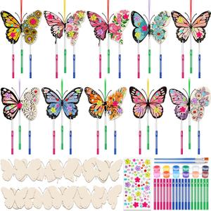 Colingmill 30 Pack Wind Chime Kit Make You Own Crafts Wind Chimes Outdoors Decorative DIY Coloring Wooden Crafts for Gift Art Room Birthday Party Favors(Butterfly Style)