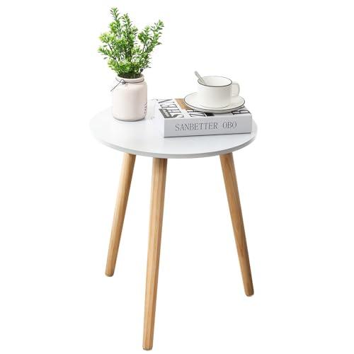 Apicizon Round Side Table, White Bedside Table Coffee End Table for Bedroom, Living Room, Small Spaces, Easy Assembly Nightstands with Natural Wood Legs, 16.5 x 20.5 Inches