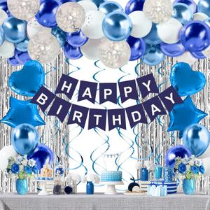 Blue Birthday Decorations for Boys Men - 50 PCS Blue Party Decorations include Happy Birthday Banner Silver Fringe Curtain Heart Star Balloons and Hanging Swirls for Birthday Party Supplies