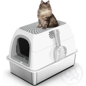 Stainless Steel Top Entry Litter Box with Dog-Proof, Hooded Stainless Steel Litter Box with Filter Lid & Scoop for Low Tracking, Enclosed Cat Litter Boxes for Anti-Leakage Metal Litter Pan