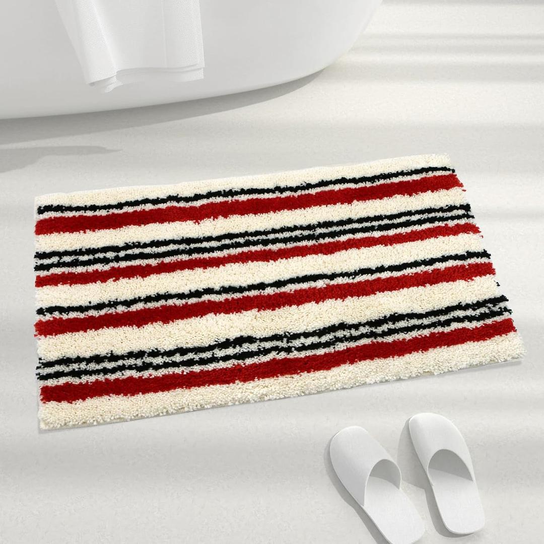 Red Striped Bathroom Rugs Non Slip Bath Mat,Fluffy Absorbent Microfiber Bath mat Washable,Cute Bath mat for Sink, Tub and Shower, 31" x 20"