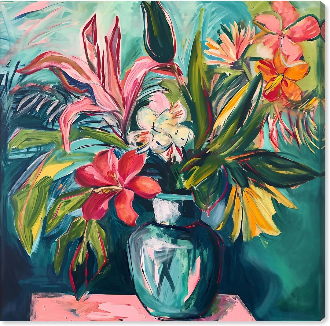Art Remedy Vase Of Bright Tropical Flowers Framed Flowers In Vase Paintings, 31" x 31"