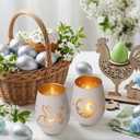 Easter Candle Holder, Frosted Egg-Shaped White Glass Tealight Votive Candle Holder with Bunny & Flower Design, Aesthetic Easter Decorations for Table, Spring Table Centerpiece, Easter Gift
