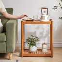 Narrow Side Table with Wheels, 2-Tier Solid Wood End Table, Natural