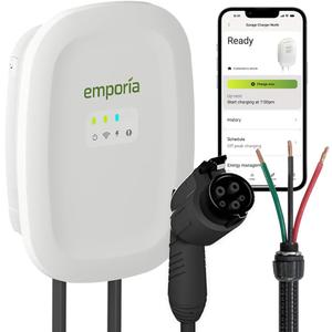 EMPORIA Level 2 EV Charger w/ J1772 Charger, 48 amp, Preconfigured for Hardwired Install with Whip, WiFi Enabled EVSE Level 2 Charger, 24ft Cable, White