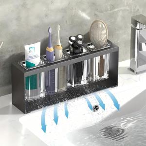 Kitchen Utensil Organizer, Grey Metal Frame with ABS Compartments, 4 Sections with Drainage, Countertop Storage Rack for Chopsticks and Cutlery, 12.12x4.88x2.76 Inches