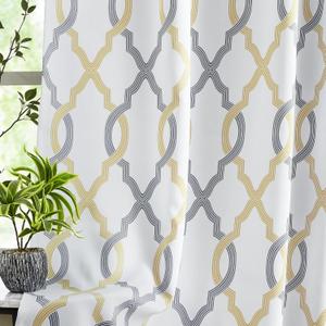 100% Blackout Curtains 84 Inches Long for Bedroom, Yellow Grey on White Moroccan Geometric Patterned Window Curtain for Living Room, Farmhouse Thermal Insulated Drapes Grommet Top 2 Panels