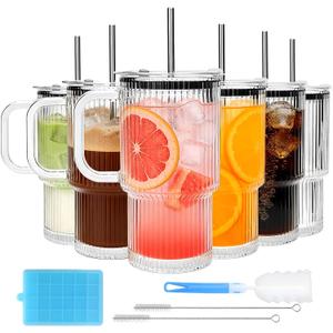 Accguan 6Pack 20oz Ribbed Glass Tumbler with Straw and Lid,Glass Cup with Handle,Reusable lced Coffee Cups with lids-Glass Cups with Lids for Smoothie,Coffee,Juice,Tea,Travel Mug,Cold & Hot Beverages