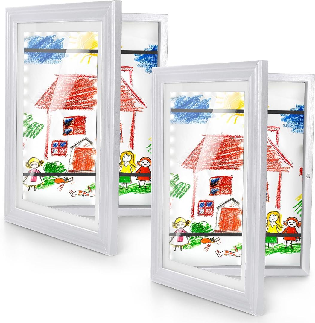 KOTNYX 2 Pack LED Light Kids Artwork Frame - Front Opening Kids Art Display Picture Frame, Holds 100 Pictures, MDF & Shatter-Resistant Glass, Standing Frame/Wall Hanging,13.3x10, Mat 11.6x8.3 (white)