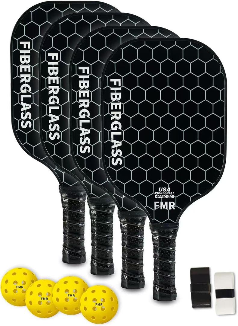 Pickleball Paddles Set of 2 with 4 Balls - USAPA Approved Fiberglass Surface, Lightweight, Non-Slip Grip - Premium Paddle Set for All Skill Levels Indoor & Outdoor