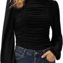 GRACE KARIN Womens Long Lantern Sleeve High-Neck Ruched Front Fitted Blouse (XX-Large, Black)